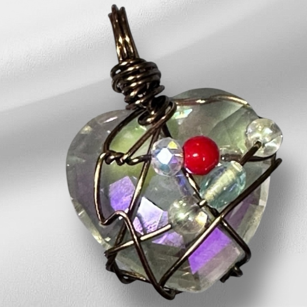 RUBYRUDI Artisan Crystal Heart Pendant Wire Wrapped Handmade Art To Wear OAK